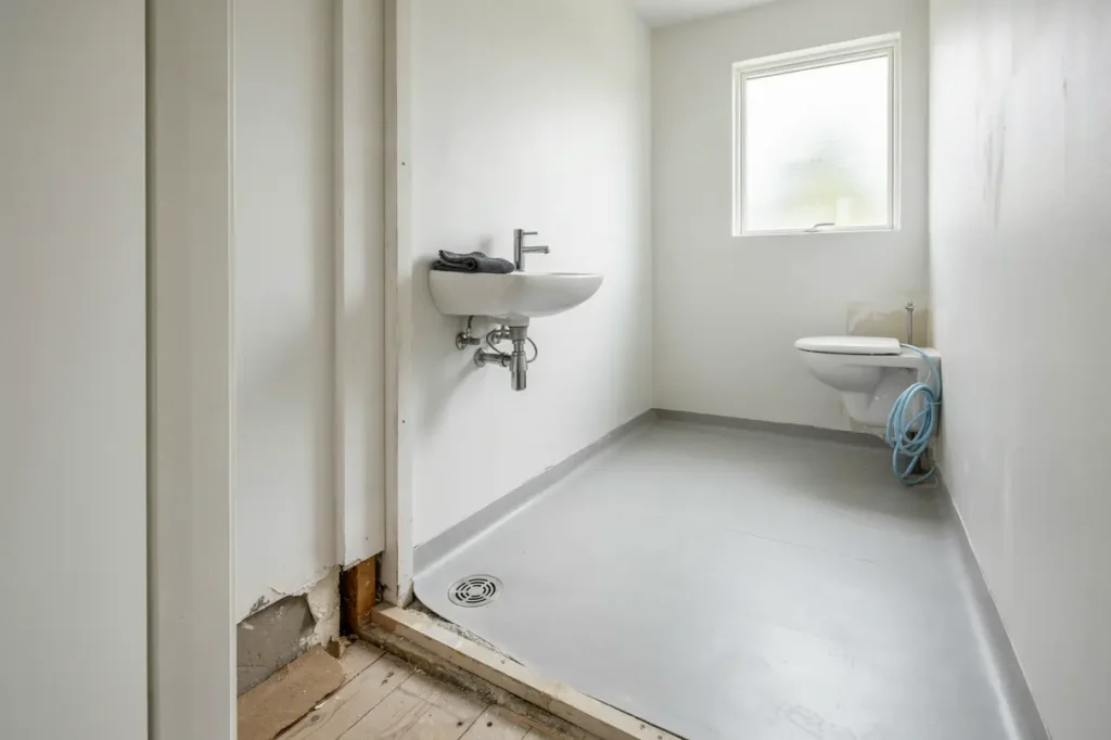 v trumsmatta i litet badrum med tr bj lklag i knivsta